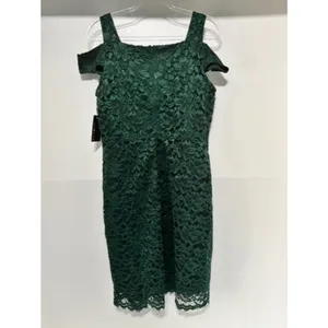 En Focus NWT Size 14 Emerald Green Lace Cold Shoulder Sheath Cocktail Dress Knee thumbnail 3
