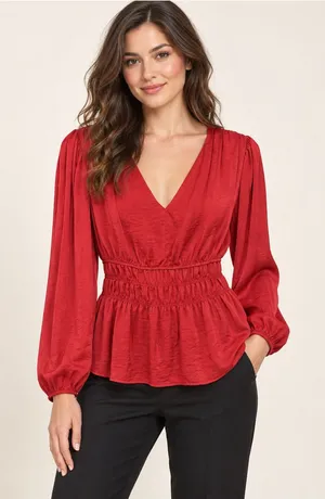 Anthropologie Dolan Red Satin V-Neck Smocked Waist Peplum Blouse Medium thumbnail 1