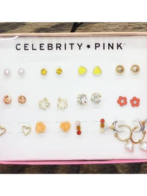 NWT Celebrity Pink 12 Pack Dainty Heart Floral Stud Earrings Gold Multi thumbnail 3
