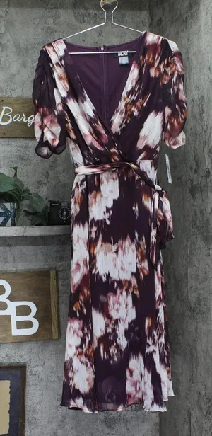 DKNY Womens Printed Surplice-Neck Tie-Waist Dress DD4FI786 Raisin Purple Multi 8 thumbnail 1
