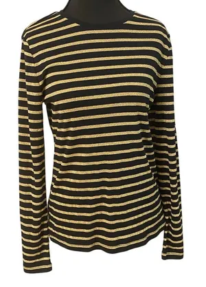 Lauren Ralph Lauren‎ Petite Holiday Long Sleeve Sparkle Gold Black Stripe Top PL thumbnail 1