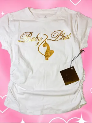 NWT Baby Phat White and Gold Tee with Rhinestone Car Size Medium thumbnail 1
