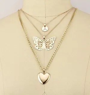 Boutique Letter A Hollowed Butterfly Heart Pendant Multilayered Chain Necklace thumbnail 2