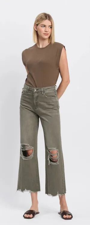 Vervet Super High Rise 90s‎ Vintage Crop Flare Jeans Size 29 Olive Green thumbnail 1
