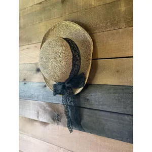 Vintage Straw Sun Hat With Black Lace Ribbon Cottagecore Wide Brim Hat thumbnail 2