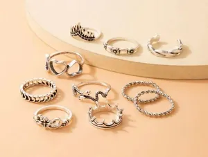 Set of 10 rings, snake, flower, heart, braid, crown, silver thumbnail 2