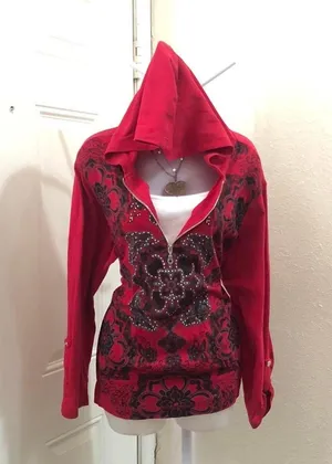 Style & Co 2000s Y2K Whimsygoth Gothic Red black floral rhinestone bedazzle silver hoodie sweatshirt top shirt long sleeve inner tank w/pockets-1X #grunge #streetwear thumbnail 1