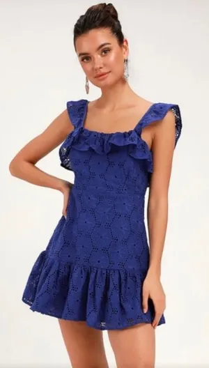 Blue eyelet ruffle dress lulus thumbnail 1