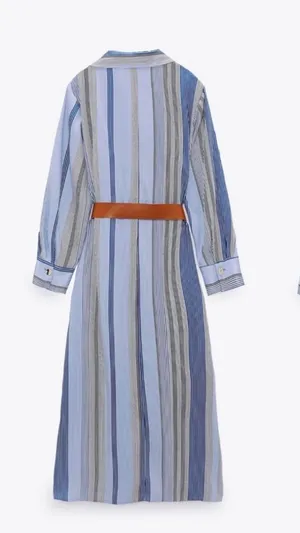 Zara Blue and Gray Multi-Stripe Button-Front Midi Shirt Dress with Brown Belt thumbnail 1