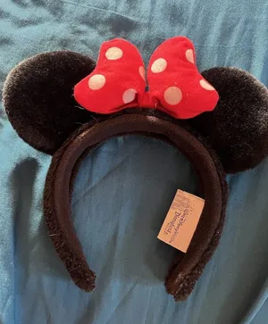 Disney Parks Classic Minnie Mouse Ears Red Bow White Polka Dots Fuzzy Headband thumbnail 1