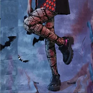 Black Bat Patterned Fishnet Tights, High Waist Footed Pantyhose‎ One Size thumbnail 10