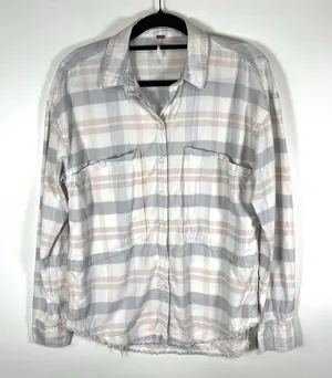 Free People LoveLand Pastel Plaid Button Down‎ Frayed Hem Boho Shirt Small thumbnail 1