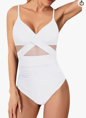 Women One Piece Tummy Control Swimsuits Push Up Bathing Suits Cutout Mesh Front Cross Swimwear thumbnail 2