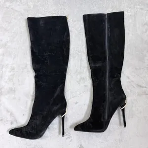 Ariz Suede Knee High Boots Glam Stiletto Pointed Toe Black Women Size 10 thumbnail 2