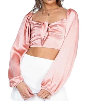 Princess Polly Cropped Long Sleeve Estee Top in Light Pink Satin Size 4 thumbnail 1