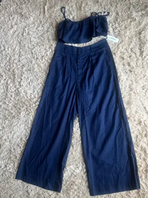 Navy Ruffled Cami Top and Wide-Leg Pants Set Linen Blend Large thumbnail 6