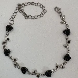 Source Unknown Silver and Black Rose W Colored Rhinestone Leaves Ankle Bracelet thumbnail 2