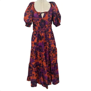 Anthropologie The Somerset Puff-Sleeve‎ Maxi Dress Floral Orange Purple Small thumbnail 3