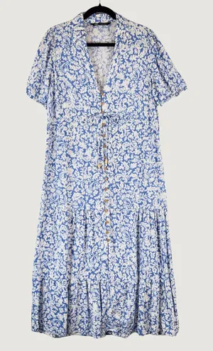 ZARA Womens Dress Blue Midi Floral Ditsy Shirtdress Linen Short Sleeve Medium thumbnail 1