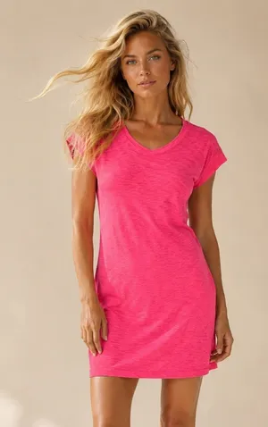J.Crew Slub Cotton T-Shirt‎ Dress Bright Pink Lounge Travel Resort Vaca Summer M thumbnail 1