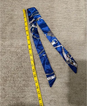 Blue Satin Silk Twilly Scarf With Chain and Belt Print Hair Ribbon Bag Accessory thumbnail 6