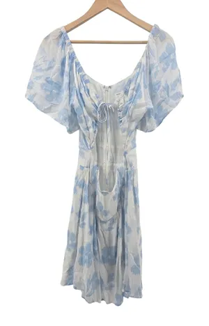 Sabo Skirt Mini Dress Womens M White Blue Abstract Floral Cutout Back‎ Flutter thumbnail 1