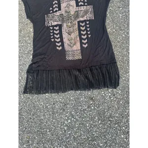 Y2K Vocal Womens XL Black Rhinestone Cross Eagle Fringe Hem T-Shirt Western Boho thumbnail 7