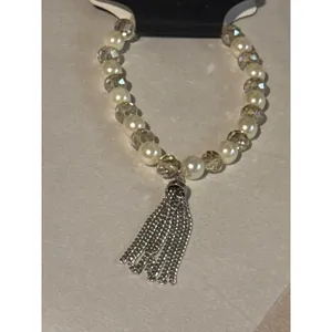 G by Gennaro Bracelet NWT Faux Pearl Crystal Beaded Silver Tassel Stretch thumbnail 5