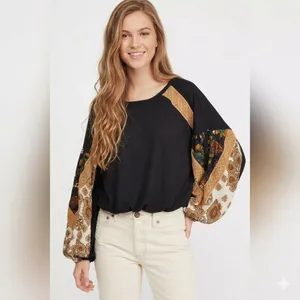 Free People Black Waffle Knit Mixed Print Balloon Sleeve Pullover Top (M/L) thumbnail 10