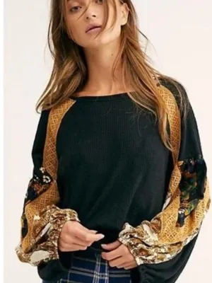 Free People Black Top with Mustard Patchwork Balloon Sleeves thumbnail 1