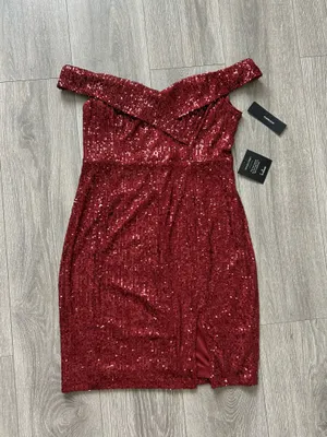 New Lulus Once in a Lifetime Wine Red Sequin Off-Shoulder Mini Dress MSRP $74 thumbnail 5
