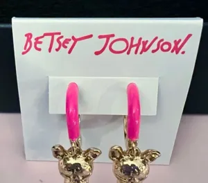 🐶BETSEY JOHNSON Frenchie Enamel Hoop Earrings / Gold Tone Hot Pink thumbnail 1