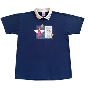 Vintage Valories Folk Art Applique Blue Shirt Angel Rules Hearts L USA 80s 90s thumbnail 3
