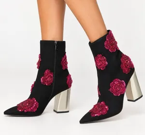 Betsey Johnson NWT Women Size 6 Finlee Black Suede Rose Metallic Ankle Boots thumbnail 1