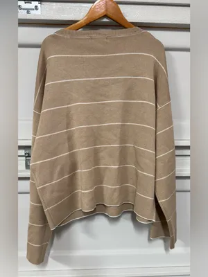 Max Studio London Striped Knit Sweater Taupe Ivory Size M thumbnail 3