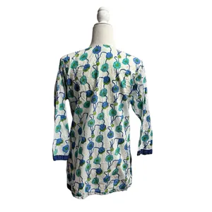 Gretchen Scott Long Sleeve Tunic Top Blouse Floral Blue Green Cotton Medium thumbnail 2