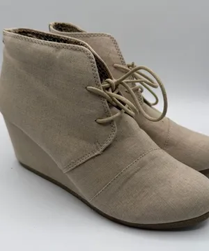 Call It Spring Wedge Booties Womens 7.5 Beige Canvas Lace Up Leopard thumbnail 1