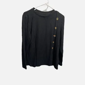 Womens Black Ribbed Knit Long Sleeve Top Asymmetrical Button Accent Boho‎ Large thumbnail 2