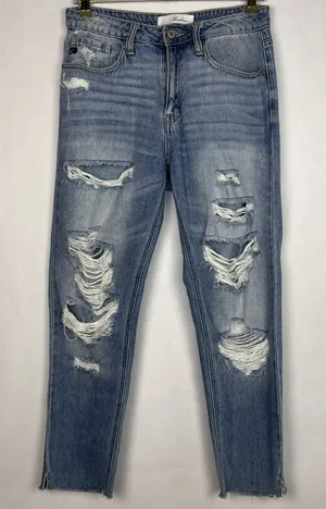 Kancan Jeans Womens 5/26 Light Wash Mid Rise Distressed Destroyed Tapered Denim thumbnail 1