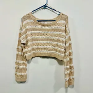 Hollister Beige and White Cropped Open-Knit Sweater thumbnail 2