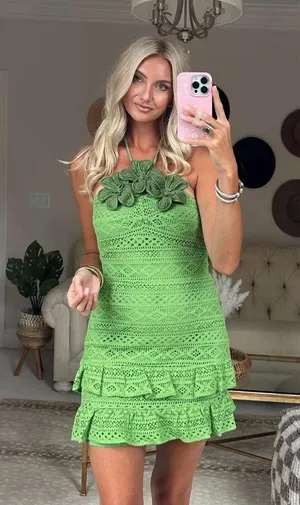 Farm Rio NWT Halter Floral Ruffle Crochet Mini Dress in green. Size XL thumbnail 1