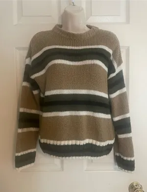 Urban Outfitters Women’s Striped Crewneck Sweater in Tan, Olive & White thumbnail 1