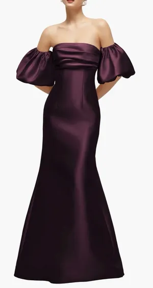 NEW Alfred Sung Off the Shoulder Puff Sleeve deep plum Satin Gown Sz 16 thumbnail 1
