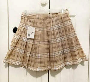 Plaid Pleated Mini Skirt Tan thumbnail 2
