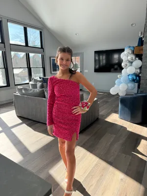 Hot pink one sleeve homecoming dress Size 0 thumbnail 2