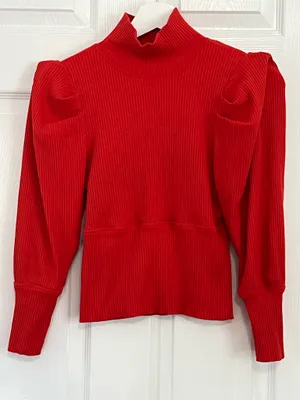 Free People Red Ribbed Mock Neck Puff Sleeve Knit Top Romantic Coquette Boho M thumbnail 2