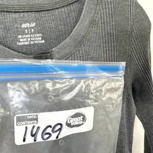 Aerie‎ Small Top Charcoal Gray Ribbed Waffle Knit Henley Long Sleeve Lounge 1469 thumbnail 6