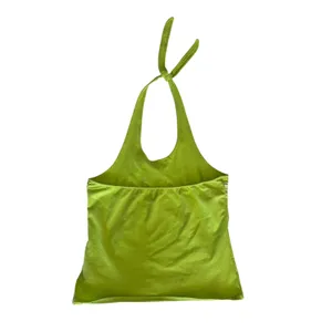 Arizona Jean Co Lime Green Halter Top Y2K Tropical Hibiscus Crop XL Open Back thumbnail 2
