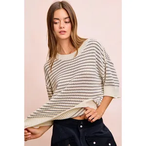 BiBi Stripes Short Sleeves Rib Banded Outseam Knit Top‎ - Cream/Grey - Medium thumbnail 2