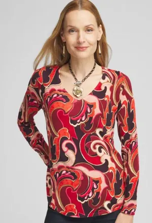 Chico's Red Paisley V-neck Sweater Boho Lightweight Preppy Women size 1 / Medium thumbnail 1